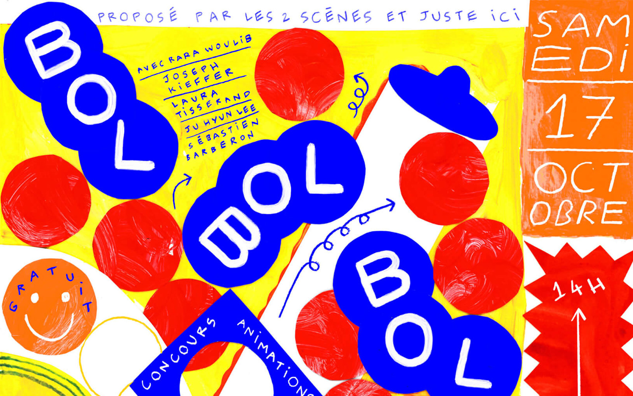 affiche avec des couleurs vives bleues, orange et rouge avec la date de l'événement